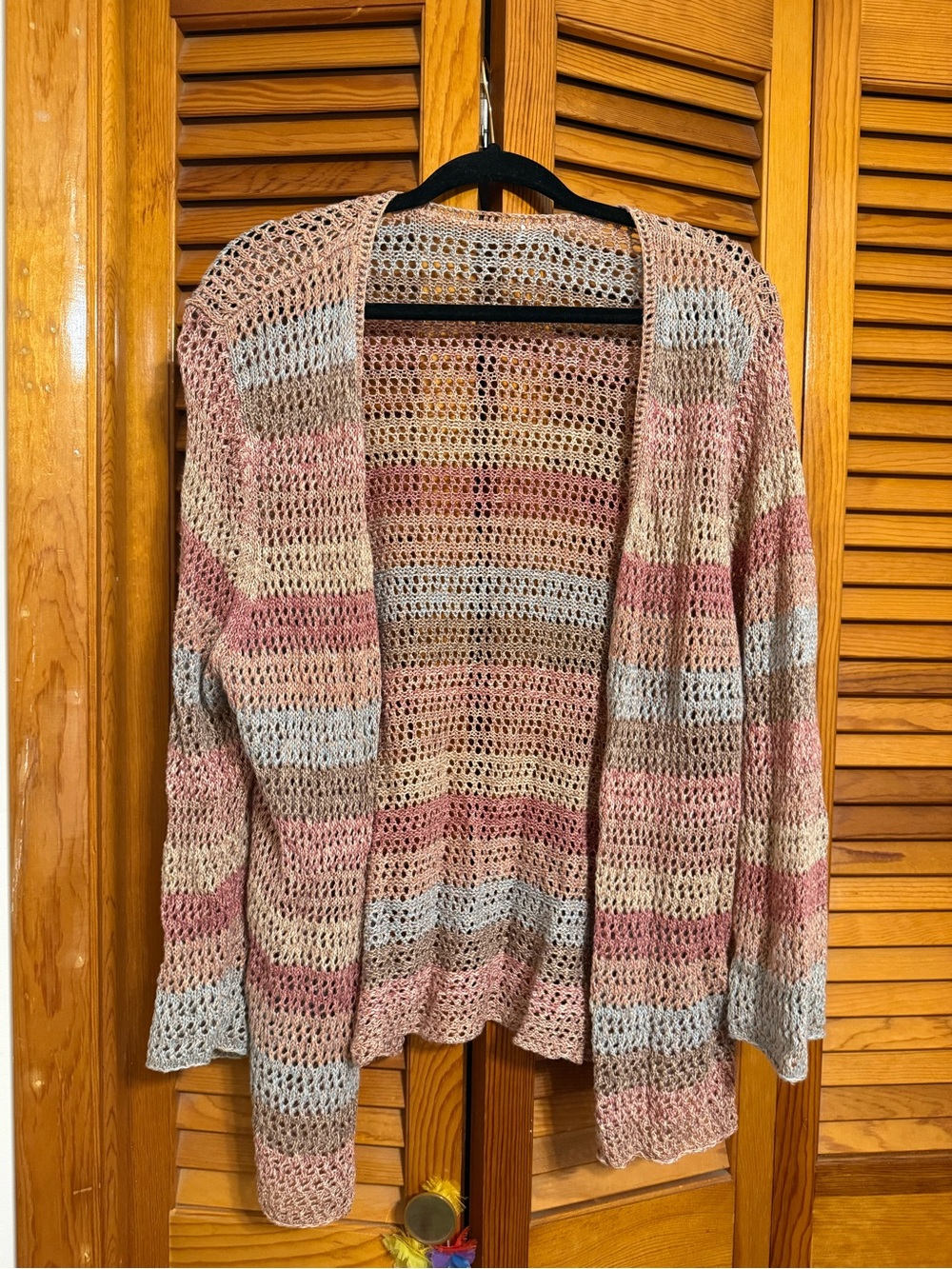 Striped Open-Weave Cardigan in Pink, Cream & Gray